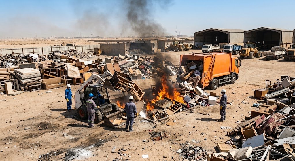 فريق فني محترف يباشر أعمال تفكيك وإخراج الأثاث المنزلي القديم والأجهزة التالفة بحذر ونقلها نحو مركبة نقل كبيرة مخصصة للتخلص من المخلفات في منطقة السلام بدولة الكويت