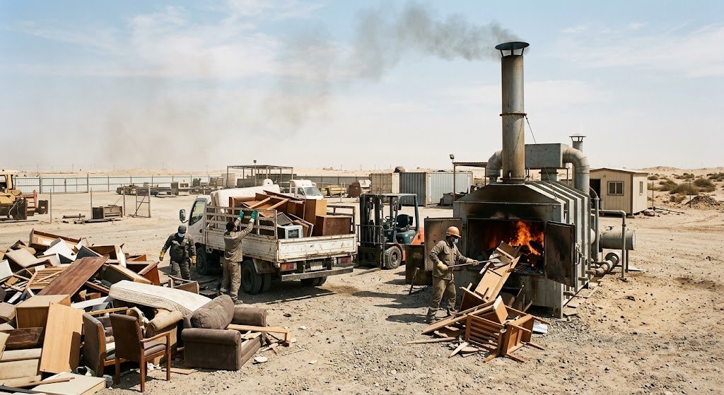 فريق عمل متخصص يقوم بإخراج وتفكيك الأثاث المنزلي القديم بعناية من إحدى الفلل ونقله إلى شاحنة مخصصة للتخلص منه في منطقة السرة