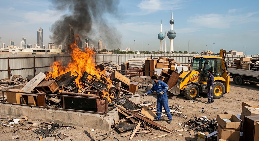 عمال متخصصون ينجزون مهام نقل وإخلاء الأثاث المتهالك من أمام إحدى القسائم السكنية لتحميله في شاحنة مجهزة للتخلص منه في منطقة أبو فطيرة بدولة الكويت