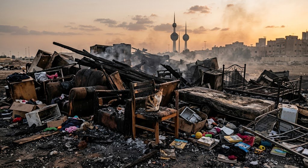 طاقم عمل محترف يقوم بنقل وتفكيك الأثاث المنزلي المستعمل والأغراض الزائدة من إحدى الفلل الحديثة لتحميلها في شاحنة مخصصة للتخلص منها في منطقة الفنيطيس بدولة الكويت